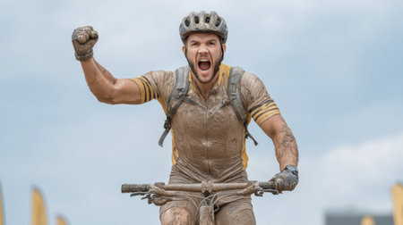 An ecstatic cyclist celebrates at the finish line of a muddy race, showcasing emotion and triumph amid splatters of dirt in an exhilarating outdoor experience.の素材