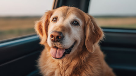 A cheerful golden retriever with a relaxed expression enjoys a scenic car ride through nature. The warm sunset creates a beautiful backdrop, highlighting moments of joy and freedom.の素材