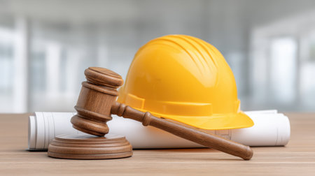 A wooden gavel rests on a circular base next to a yellow hard hat and rolled blueprint documents, symbolizing the intersection of law and the construction industry.の素材