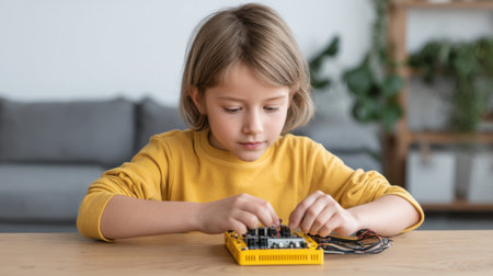 A young child is focused on assembling electronics and circuits with a creative kit on a table, showcasing the joy of learning through hands-on play in a modern environment.の素材