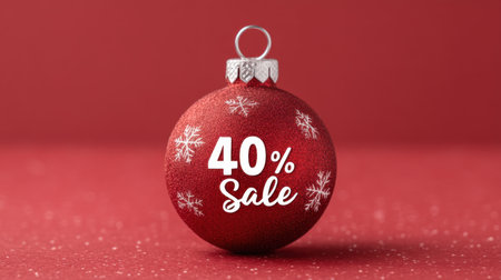 This vibrant shiny red bauble with a bold 40% sale tag stands out on a bright background, ideal for holiday promotions and festive advertising campaigns.の素材