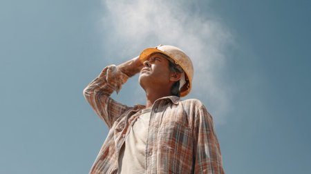 A construction worker wipes sweat from his forehead while wearing a helmet under the hot sun, demonstrating dedication and effort in a demanding job environment.の素材