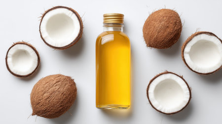 A vibrant glass bottle of coconut oil is beautifully arranged with halved coconut shells on a clean white backdrop, perfect for health and wellness themes.の素材