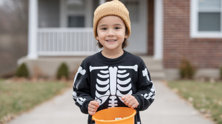 A cheerful child dressed in a skeleton costume holds a bright orange candy bucket, ready to enjoy Halloween festivities on a pleasant autumn day.の素材