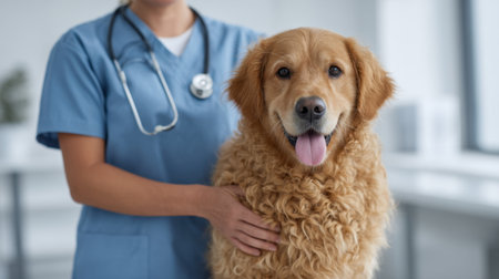 A caring veterinarian in scrubs gently examines a happy golden retriever in a bright and welcoming clinic, ensuring the best health for your furry friend.の素材