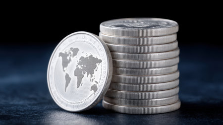 A visually striking image of stacked coins positioned in front of a glowing world map, illustrating the themes of finance, investment, and global economy.の素材