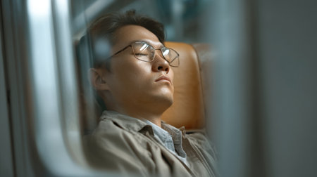 A serene scene featuring an office worker resting peacefully on a train seat, with reflections creating an artistic backdrop and capturing a fleeting moment of tranquility.の素材
