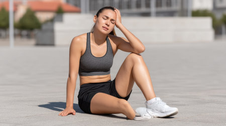 A tired female runner sits on pavement, leaning on her knees. She experiences heat-induced headache and fatigue, highlighting the challenges of outdoor workouts.の素材