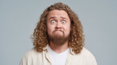 This close-up portrait captures a man's authentic expression of disbelief mixed with mild shame, showcasing the complexities of human emotion against a neutral background.の素材