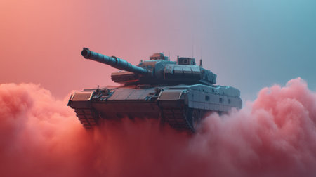 A tank emerges dramatically amidst swirling red and blue smoke, creating a striking and cinematic atmosphere, ideal for themes of warfare and powerful technology.の素材