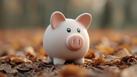 A delightful piggy bank sits among vivid autumn leaves, beautifully lit by soft, warm light, capturing the essence of fall and offering a cozy, inviting atmosphere.の素材