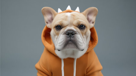 This charming image showcases a playful bulldog wearing a bat-themed hoodie, perfectly capturing the dog's fun personality and unique style against a soft background.の素材