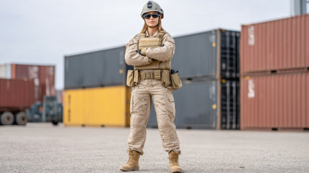 A resolute female soldier in a military uniform stands firmly among shipping containers, showcasing professionalism and a strong presence in a logistics setting.の素材