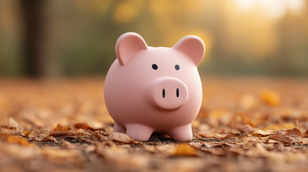 A charming pink piggy bank sits atop a carpet of autumn leaves, basking in warm sunlight, creating a cozy and playful scene perfect for illustrating saving and finance themes.の素材
