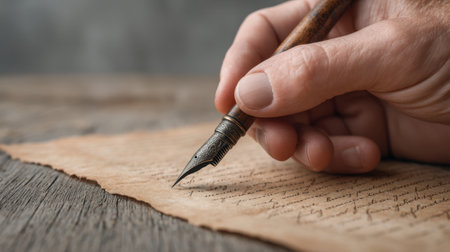 A close-up image showcasing the hand of an artist poised over vintage parchment paper, elegantly crafting letters with a classic pen, capturing the essence of creativity and nostalgia.の素材