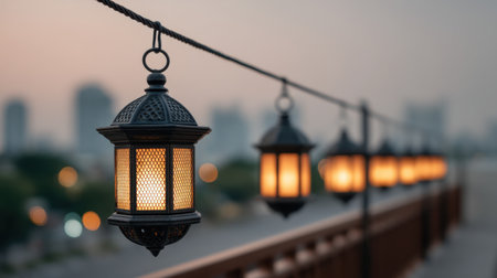 A picturesque setting featuring hanging lanterns along a balcony railing, casting a warm glow against a beautiful city skyline at dusk, perfect for creating a cozy ambiance.の素材