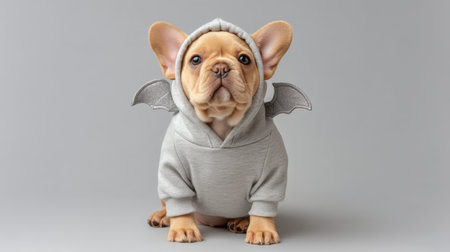 This charming tan bulldog captivates with its cute bat wing hoodie, making it the perfect subject for whimsical pet photography in a studio environment.の素材