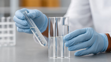 A researcher in a laboratory wearing gloves is carefully transferring liquid from a test tube to several test tubes, highlighting precise processing in scientific work.の素材