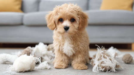 A cute puppy is energetically tearing apart its toys while wagging its tail, creating a delightful mess in a cozy living room envoked by its playful spirit.の素材