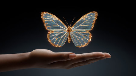 This exquisite digital artwork showcases a butterfly hovering gracefully above a hand, symbolizing the delicate balance between nature and technology in a captivating visual display.の素材