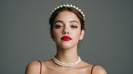 A stunning portrait of a graceful woman showcasing elegance with a pearl tiara and classic red lipstick, set against a neutral backdrop, evoking timeless beauty.の素材