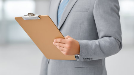 A professional individual in formal attire stands confidently holding a clipboard, set in a modern office environment, ideal for business and corporate themes.の素材
