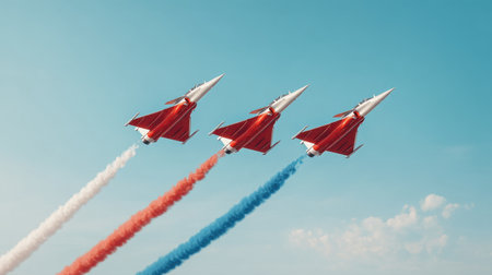 A striking image of fighter jets flying in perfect formation, leaving vibrant smoke trails of red, white, and blue against a bright blue sky, capturing the essence of aerial precision.の素材