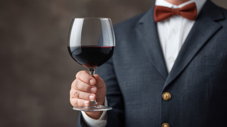 An elegant sommelier showcases a fine red wine in a glass against a dark backdrop, embodying sophistication and expertise in an upscale wine bar setting.の素材