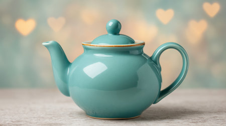 A charming teal ceramic teapot serves as the perfect centerpiece, set against a dreamy bokeh background that creates a warm and inviting ambiance.の素材