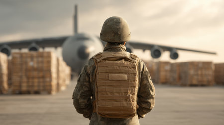 A soldier stands in a military setting, overseeing humanitarian aid crates on a runway, with a large aircraft in the background, highlighting the importance of logistics and support.の素材