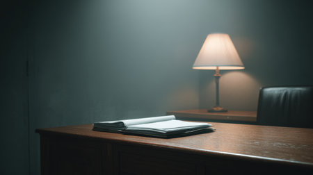 This serene workspace features an open folder on a polished wooden desk, illuminated by a soft lamp, creating a calming environment perfect for focus and creativity.の素材