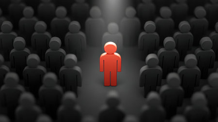 A red figure captivates attention in a spotlight, surrounded by grey silhouettes, symbolizing individuality and leadership in a sea of competition and anonymity.の素材