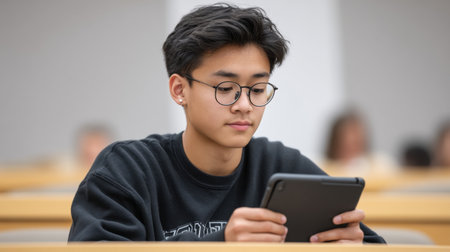 A young male student with glasses focuses on reading a tablet in a modern classroom. This image captures the essence of technology in education, showcasing a dedicated learner.の素材