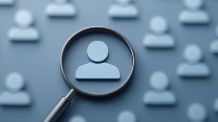 A magnifying glass highlights a simple blue figure against a backdrop of stylized icons. This image symbolizes analysis, identity, and connection in a modern context.の素材