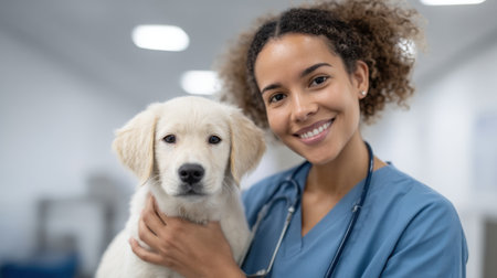 A smiling veterinarian in scrubs gently holds a puppy in a bright veterinary clinic, showcasing compassion and care in pet examination and wellness.の素材