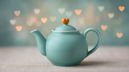 A charming teal teapot sits elegantly against a pastel backdrop adorned with soft heart-shaped bokeh, perfect for creating a cozy, serene atmosphere for tea lovers.の素材