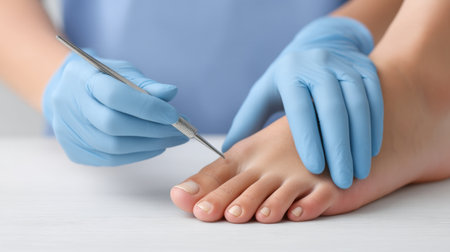 A professional demonstrates toenail treatment in a sterile environment, focusing on hygiene and detailed techniques to ensure foot health and care.の素材