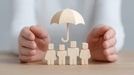 A serene image featuring wooden family figurines sheltered under an umbrella, symbolizing protection and togetherness with caring hands, perfect for family-oriented themes.の素材
