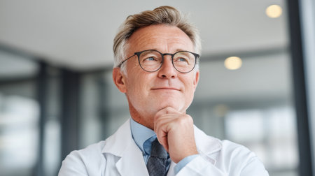 A thoughtful doctor sits in a bright, modern clinic, basking in sunlight, embodying a calm and professional atmosphere while contemplating healthcare solutions.の素材