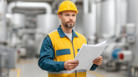A skilled engineer in a hard hat examines blueprints in a modern industrial plant, highlighting professionalism and attention to detail in a dynamic work environment.の素材