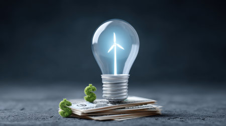 A creative representation of sustainable energy, showcasing a light bulb with a wind turbine inside, resting on dollar bills, highlighting the investment in renewables.の素材