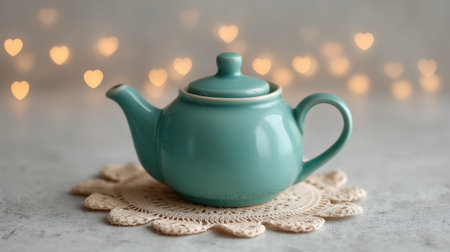 A charming teal teapot rests elegantly on a delicate doily, surrounded by a soft glowing hearts background, creating a cozy tea-time atmosphere perfect for relaxation.の素材