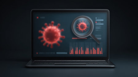 A laptop screen displaying coronavirus data visualization, featuring a magnifying glass and interactive graphs, illustrating the importance of health data analysis.の素材