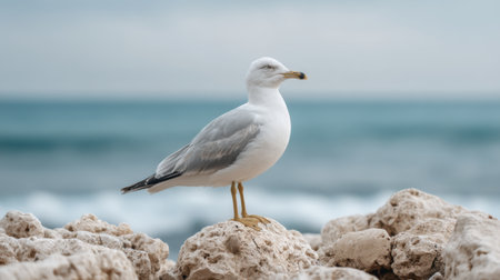 A seagull stands proudly on a rock by the ocean, highlighting the urgent environmental issue of drifting plastic waste affecting marine wildlife and ecosystems.の素材