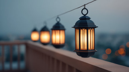 A captivating scene featuring beautifully crafted hanging lanterns on a balcony railing at dusk, casting a warm glow over the serene urban landscape.の素材