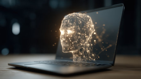 A captivating image featuring a glowing face emerging from a laptop, symbolizing the fusion of technology and innovation with dynamic data streams illuminating the scene.の素材