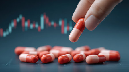 Explore the intersection of pharmaceuticals and technology with this captivating image showcasing capsules in focus against a digital graph, symbolizing healthcare advancements.の素材