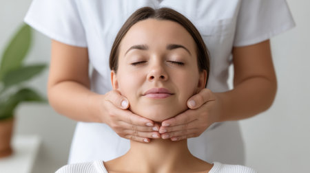 Experience an elegant facial massage therapy session in a tranquil spa setting, designed to promote relaxation and rejuvenation for ultimate wellness and comfort.の素材