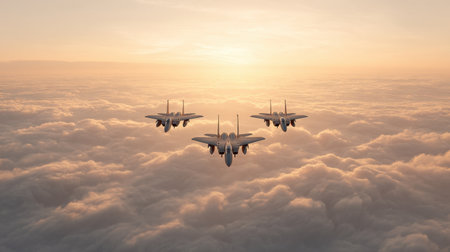 Three fighter jets fly in perfect formation high above the clouds, illuminated by the warm glow of the golden sunrise, showcasing strength and precision in aviation.の素材
