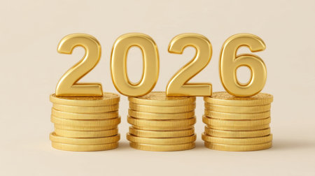 A captivating image of golden coins stacked high, embellished with bold numbers rising above, symbolizing financial promise and aspirations for the year 2026.の素材